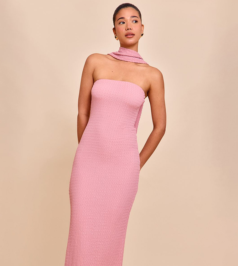 Textured Scarf Detail Bodycon Maxi Dress