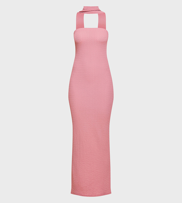 Textured Scarf Detail Bodycon Maxi Dress