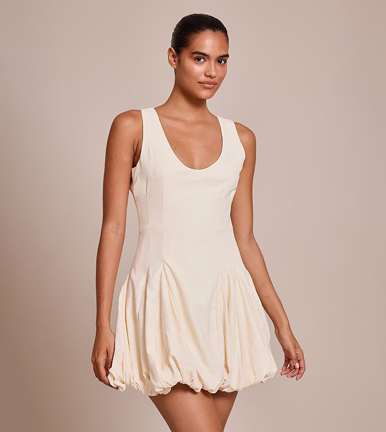 Textured Scoop Neck Puffball Mini Dress