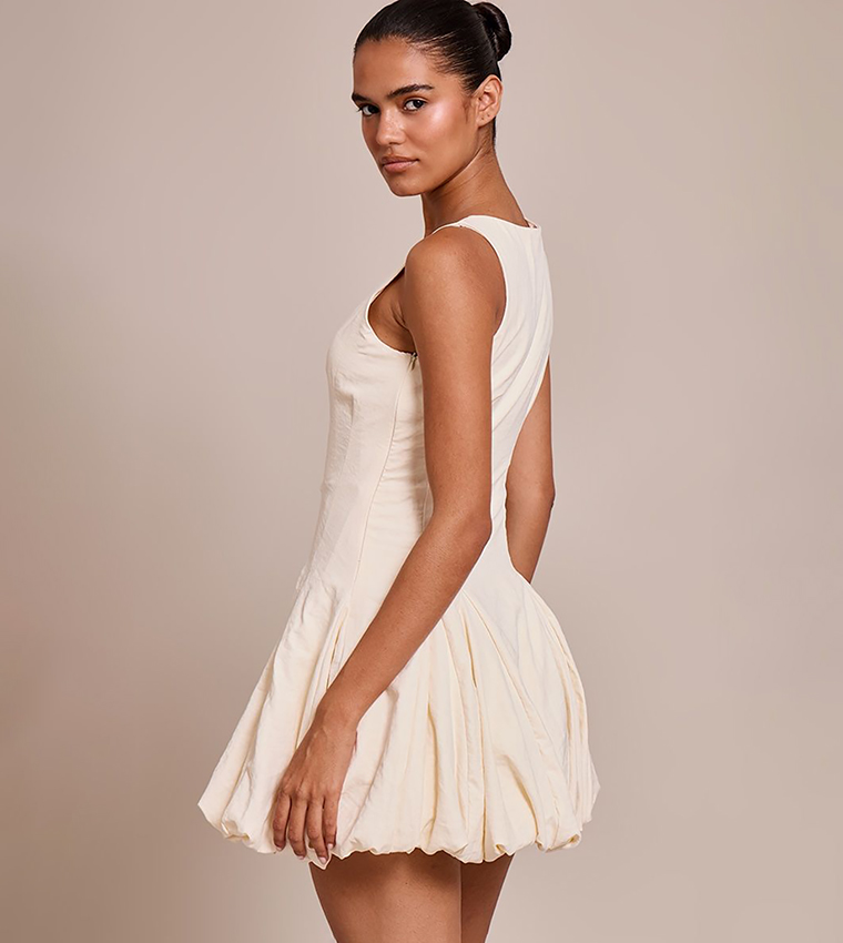 Textured Scoop Neck Puffball Mini Dress