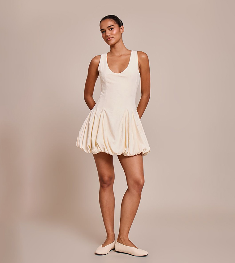 Textured Scoop Neck Puffball Mini Dress