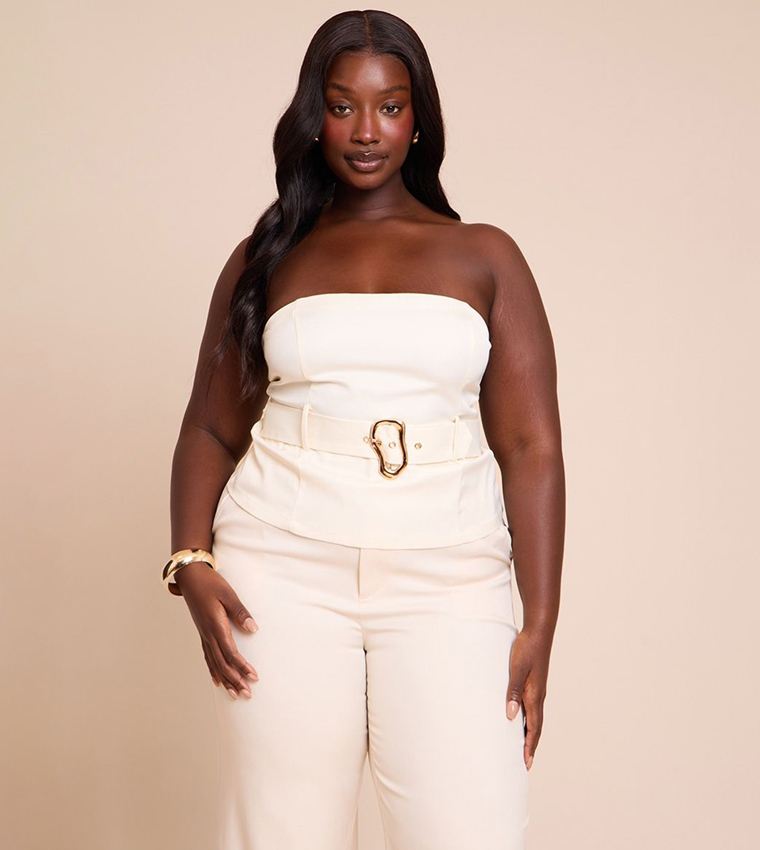 Curve Woven Belted Trim Detail Bandeau Top