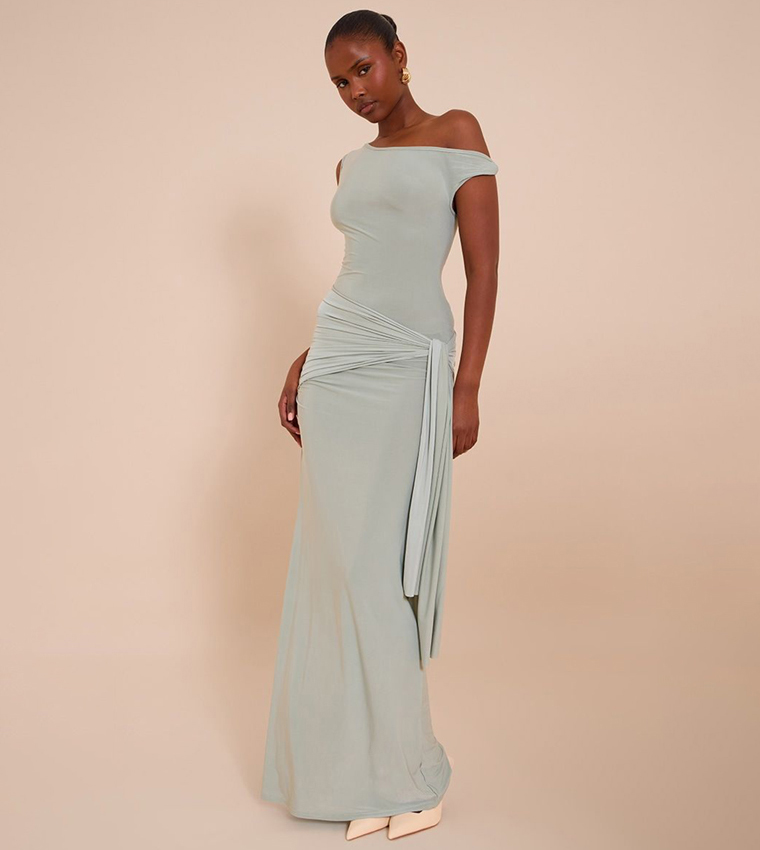 Buy PrettyLittleThing Sage Slinky Off Shoulder Wrap Detail Maxi Dress In Green | 6thstreet UAE Buy PrettyLittleThing Sage Slinky Off Shoulder Wrap Detail Maxi Dress In Green | 6thstreet UAE