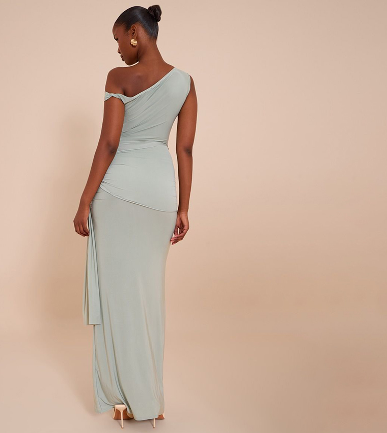 Buy PrettyLittleThing Sage Slinky Off Shoulder Wrap Detail Maxi Dress In  Green | 6thStreet Kuwait