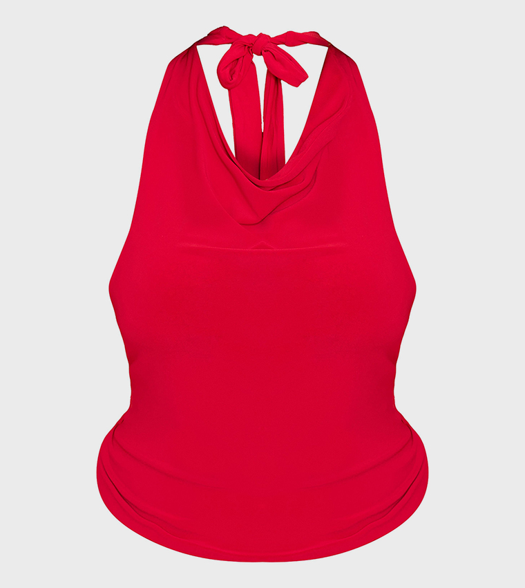 Shape Halterneck Tie Back Gold Trim Cowl Crop Top