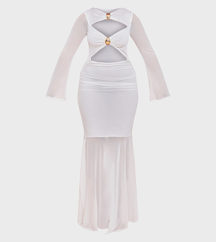 Buy PrettyLittleThing Mesh Gold Trim Cut Out Dropped Hem Maxi Dress In White  | 6thStreet UAE