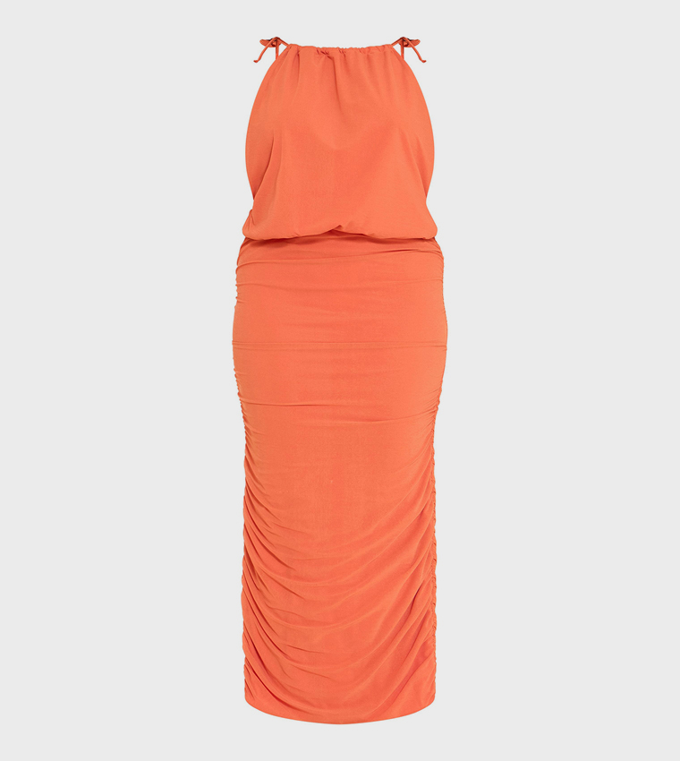 Shape Ruched Tie Neck Maxi Dress
