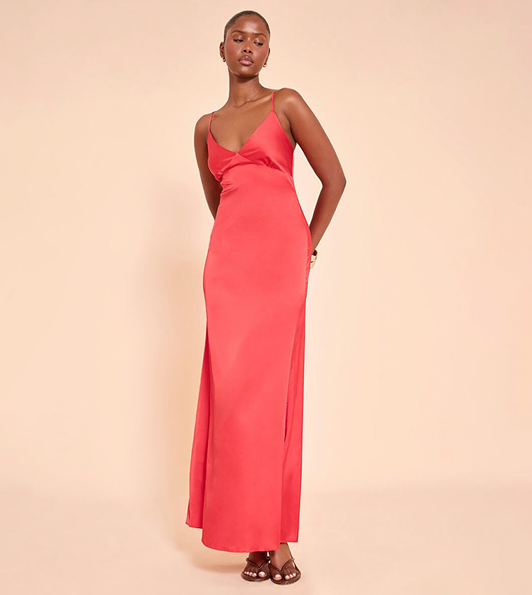 Solid Satin Strappy Maxi Dress