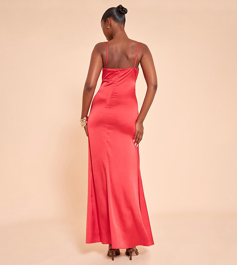 Solid Satin Strappy Maxi Dress