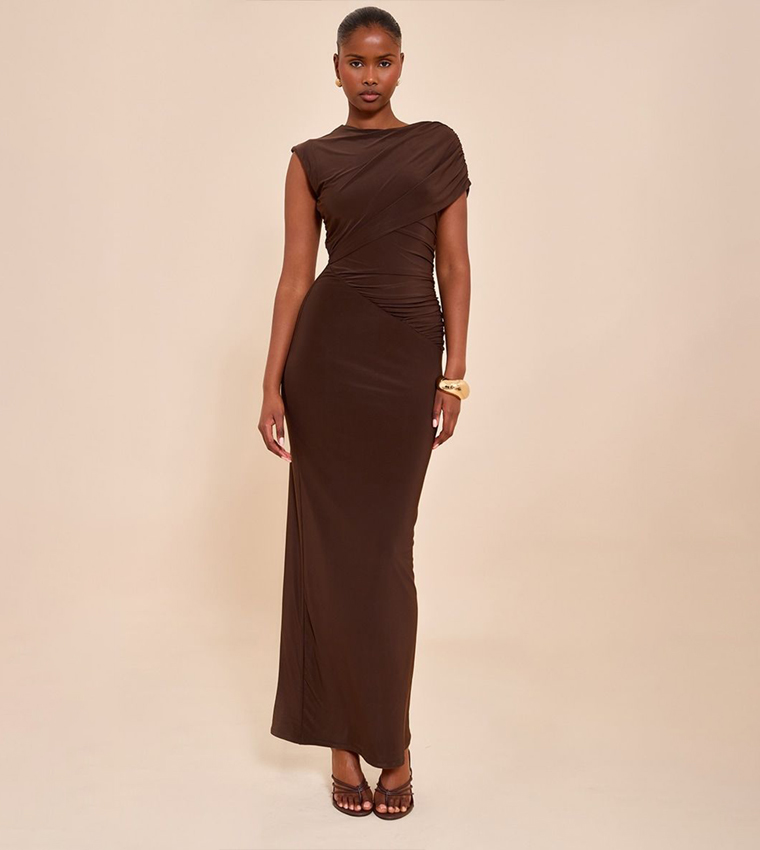 Double Layer Slinky Asymmetric Neck Drape Maxi Dress