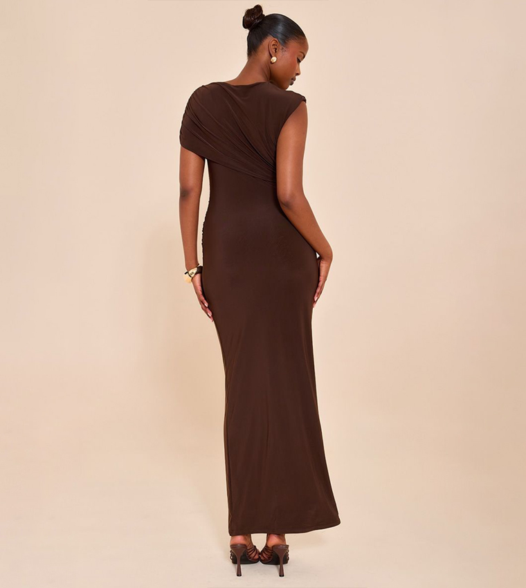 Double Layer Slinky Asymmetric Neck Drape Maxi Dress