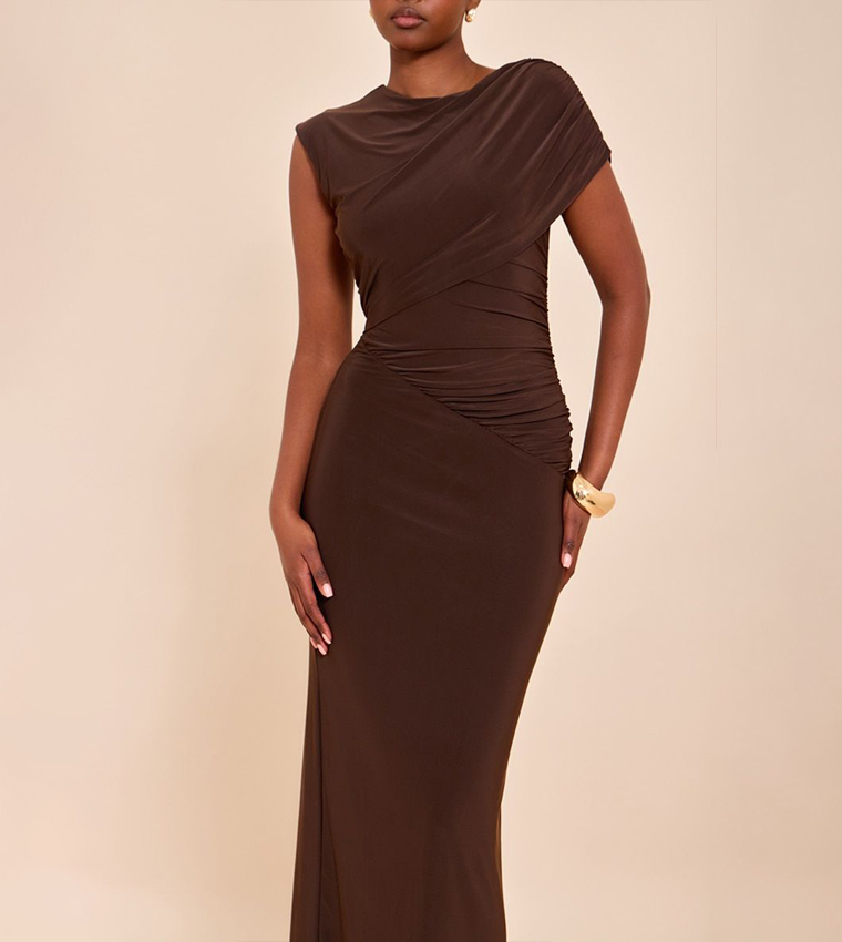 Double Layer Slinky Asymmetric Neck Drape Maxi Dress