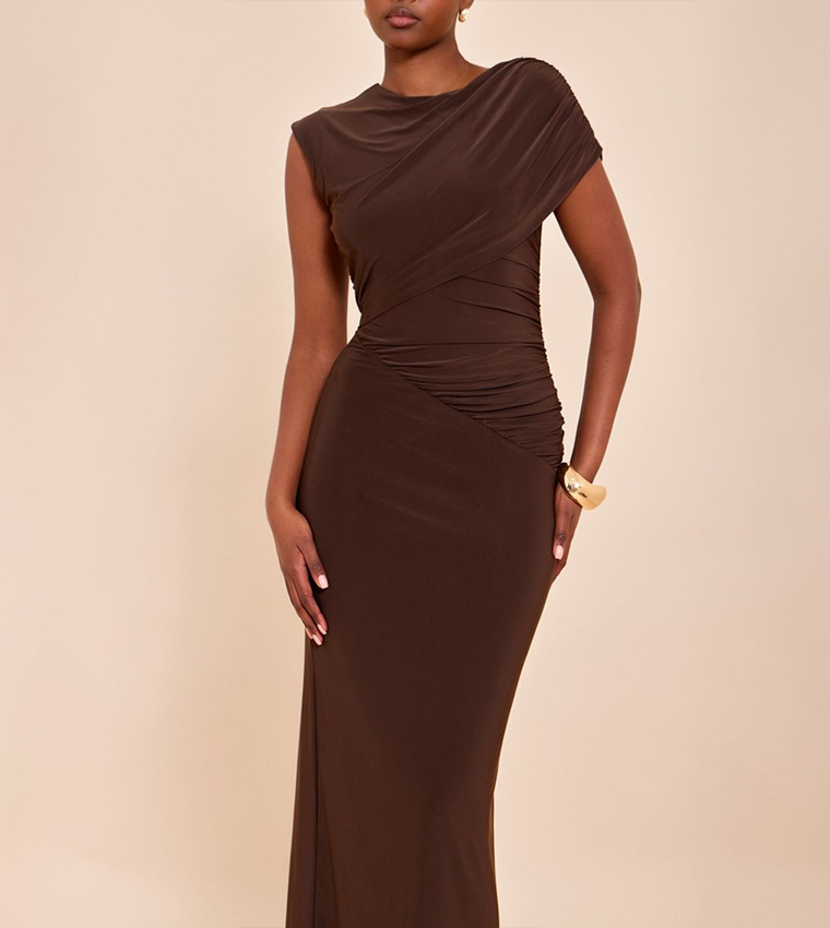 Double Layer Slinky Off Shoulder Drape Maxi Dress