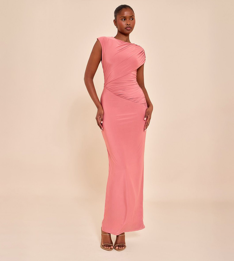 Double Layer Slinky Off Shoulder Drape Maxi Dress