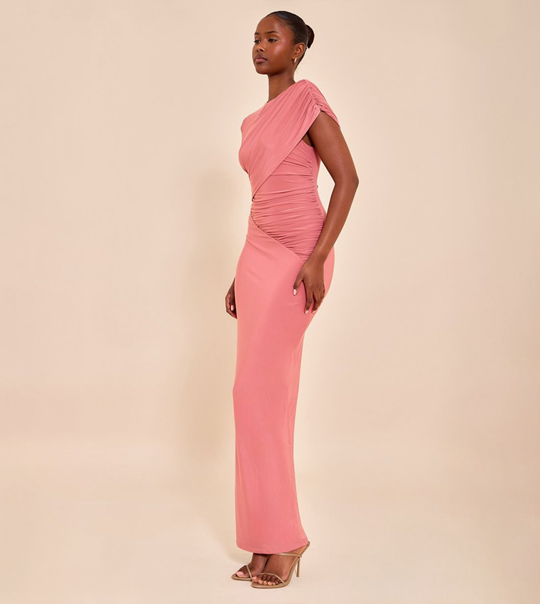 Double Layer Slinky Off Shoulder Drape Maxi Dress