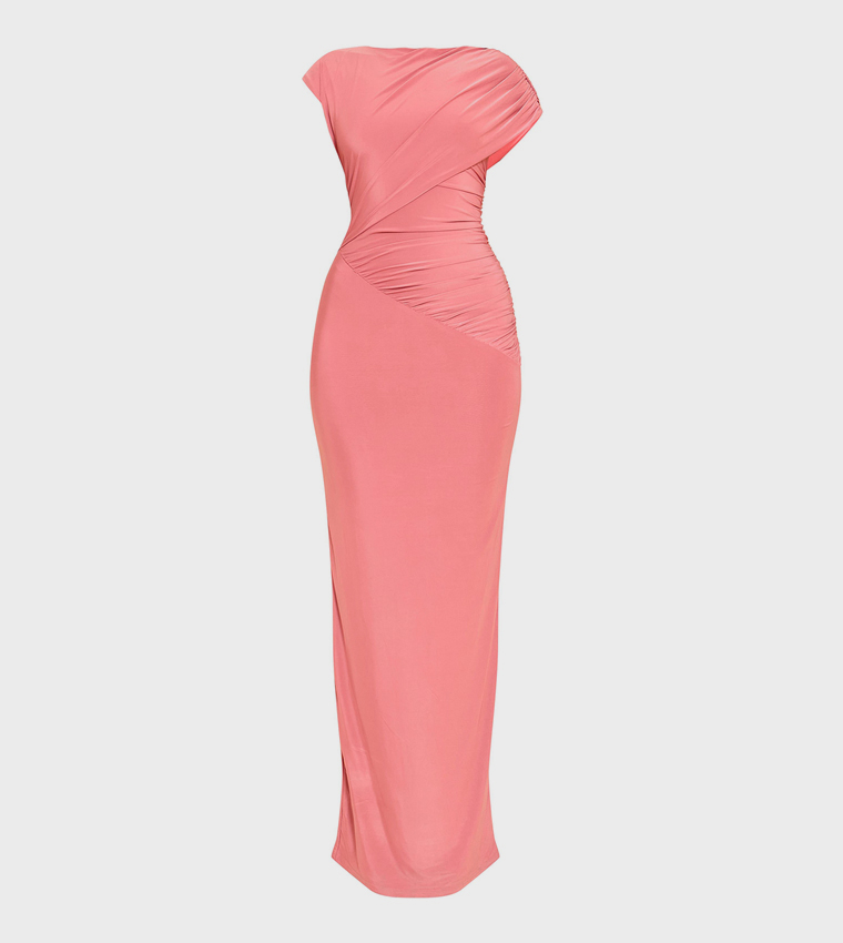 Double Layer Slinky Off Shoulder Drape Maxi Dress