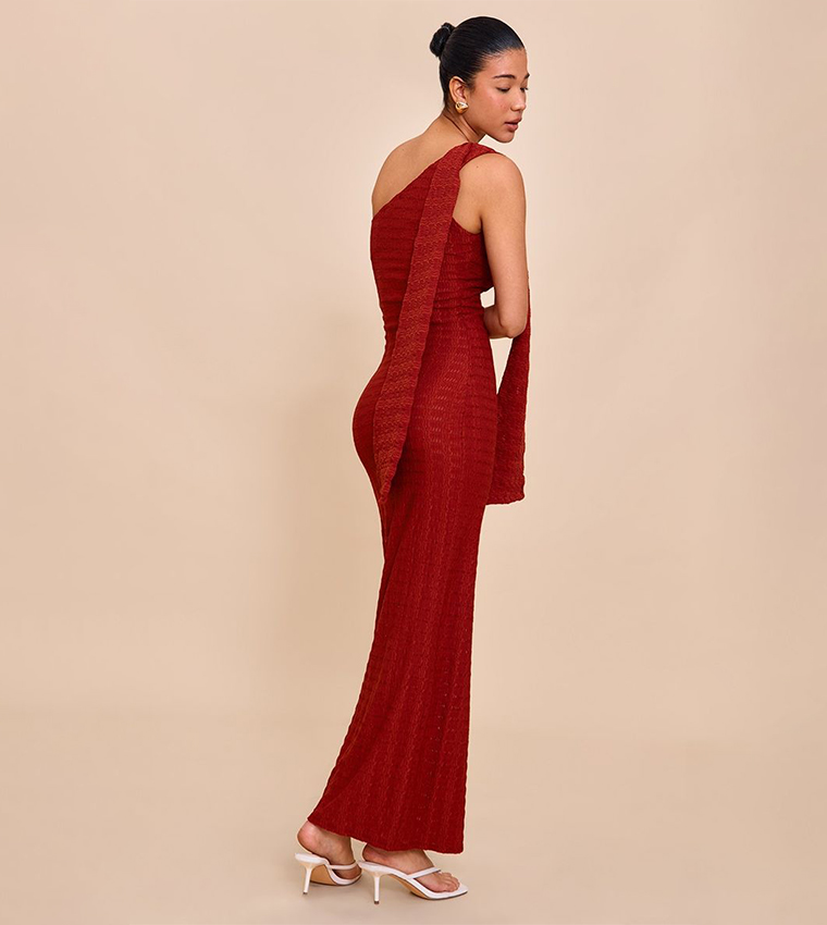 Textured One Shoulder Drape Detail Maxi Dress
