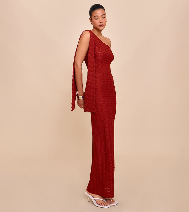 Textured One Shoulder Drape Detail Maxi Dress