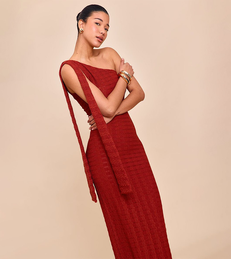 Textured One Shoulder Drape Detail Maxi Dress