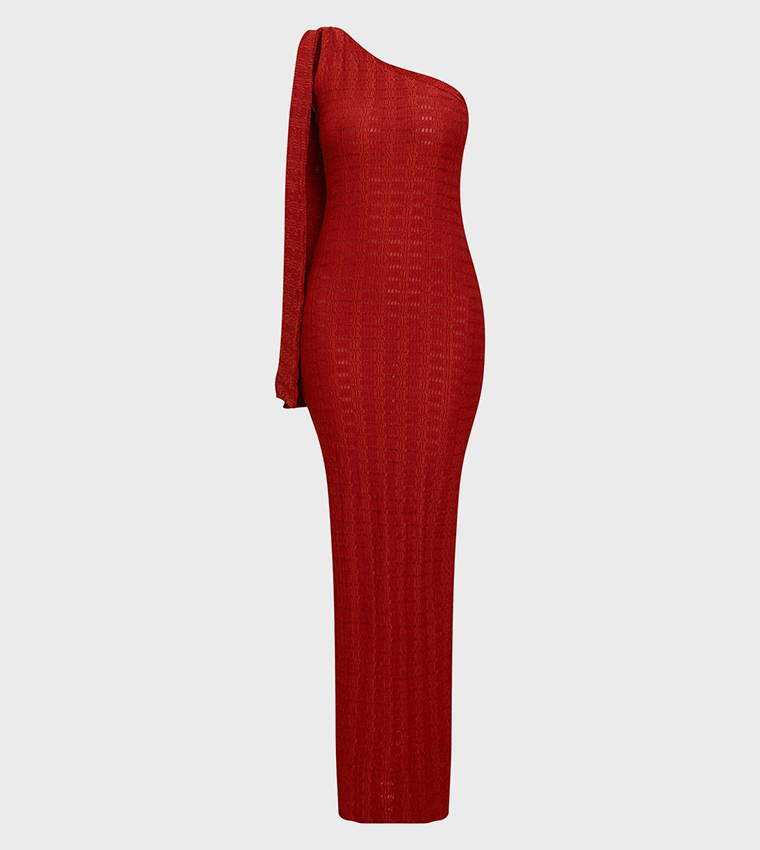 Textured One Shoulder Drape Detail Maxi Dress