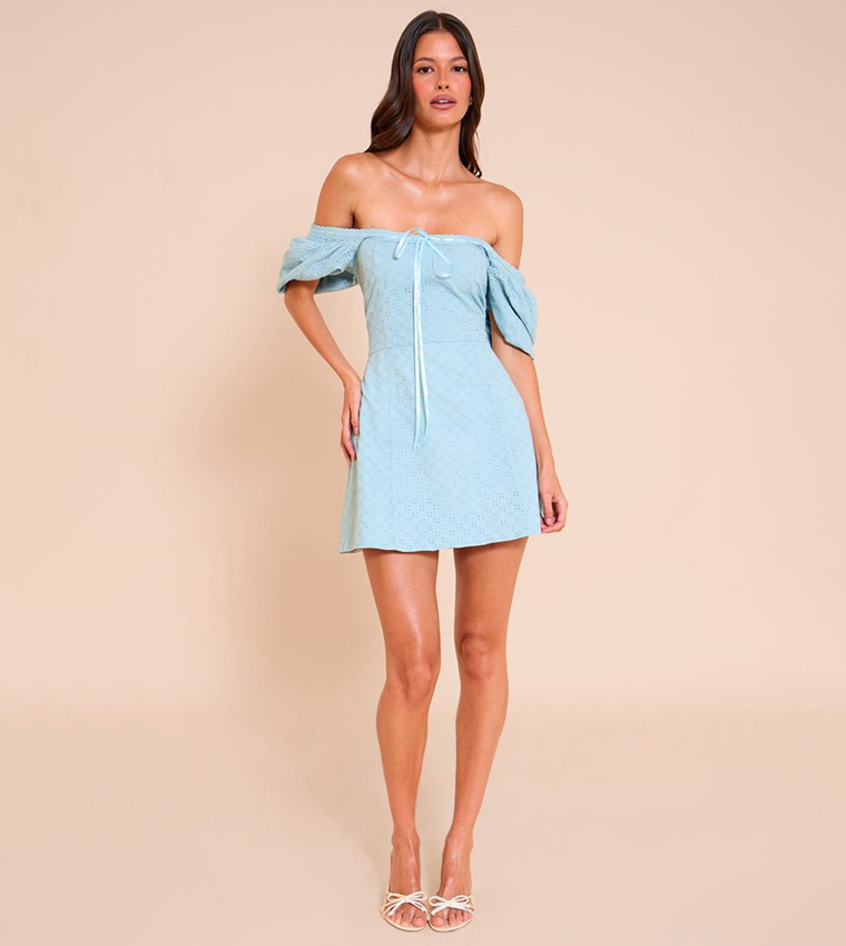 Broderie Puff Sleeves Mini A-Line Dress