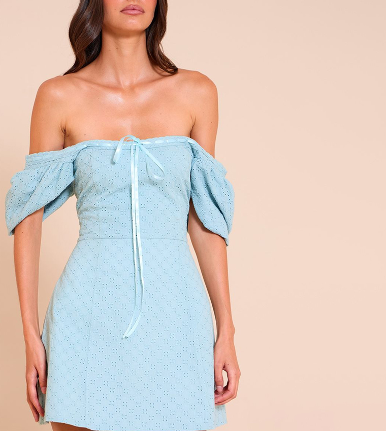 Broderie Puff Sleeves Mini A-Line Dress