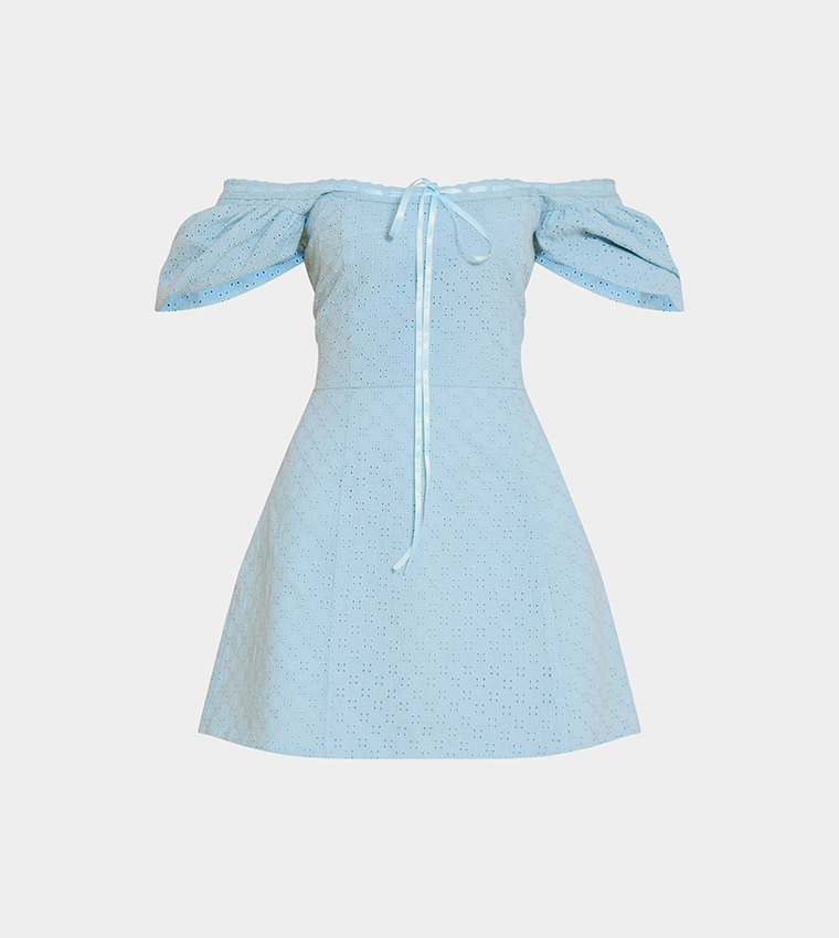 Broderie Puff Sleeves Mini A-Line Dress