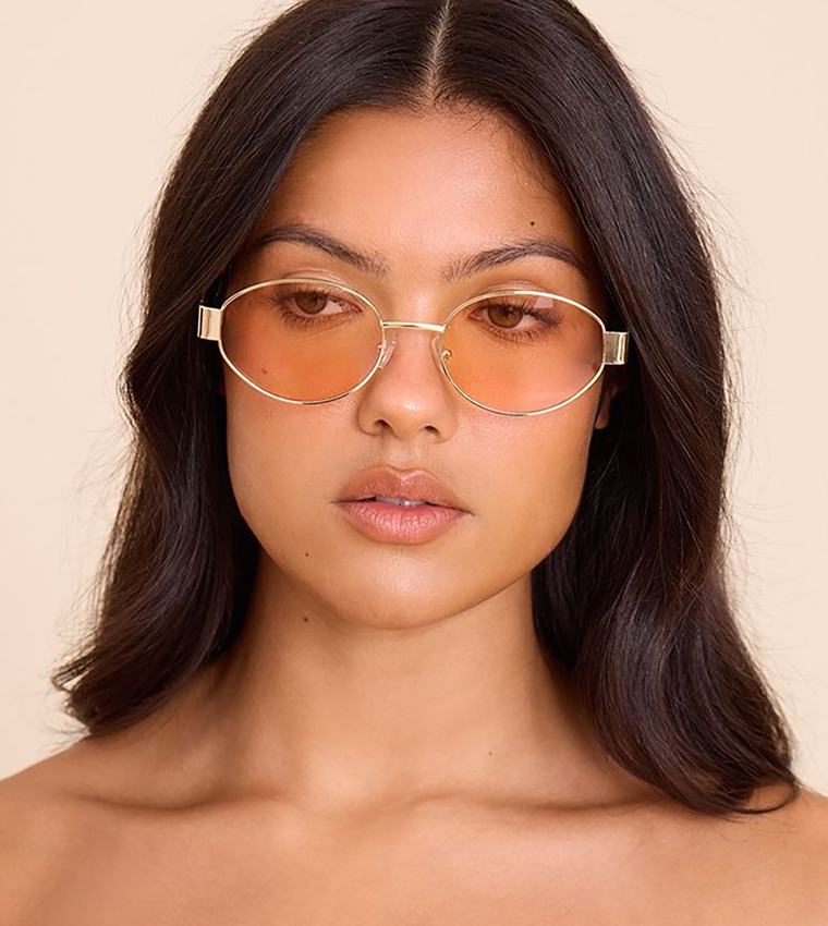 Gold Metal Frame Peach Lens Oval Sunglasses