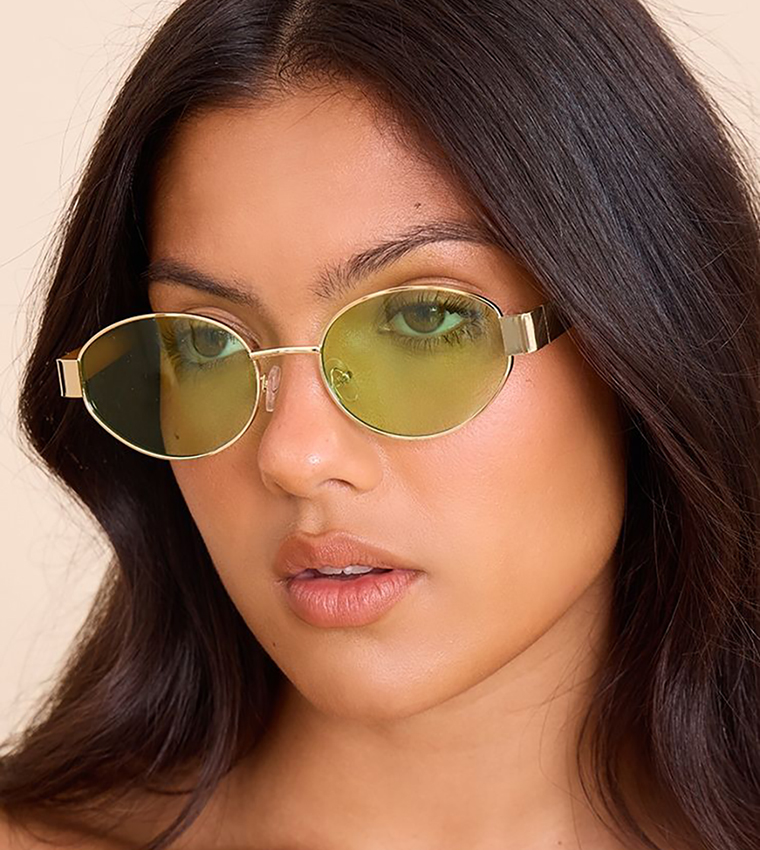 Gold Metal Frame Green Lens Round Sunglasses