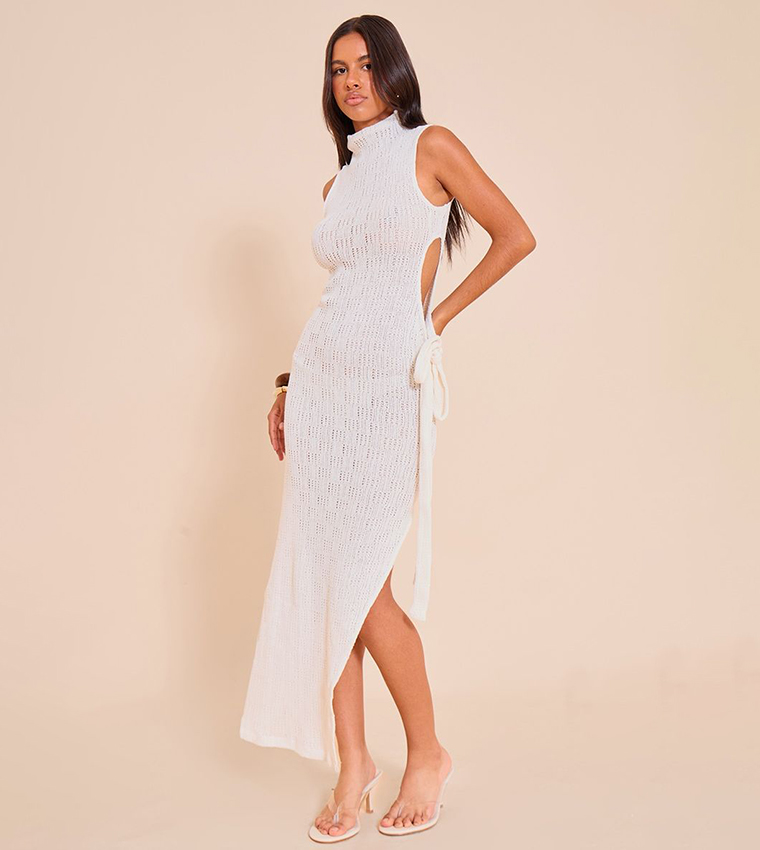 Buy PrettyLittleThing Petite Tie Side Knitted Maxi Dress In Cream