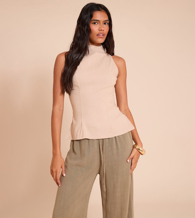 Lightweight Woven High Neck Waist Detail Long Top
