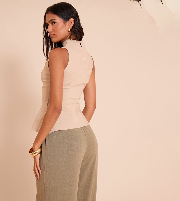 Lightweight Woven High Neck Waist Detail Long Top
