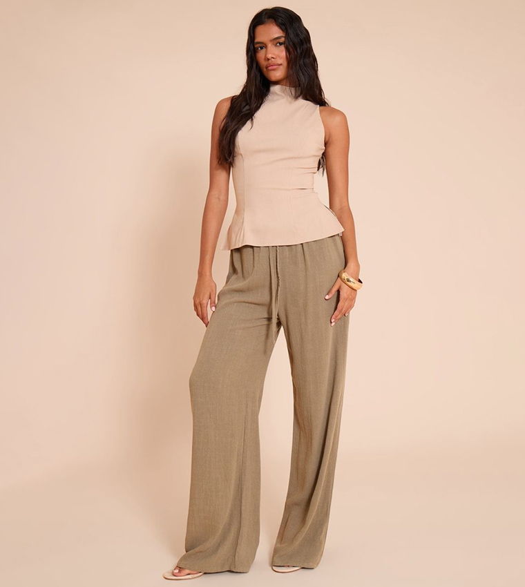 Lightweight Woven High Neck Waist Detail Long Top