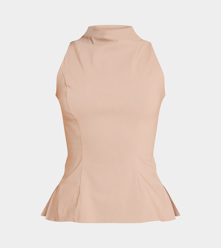Lightweight Woven High Neck Waist Detail Long Top