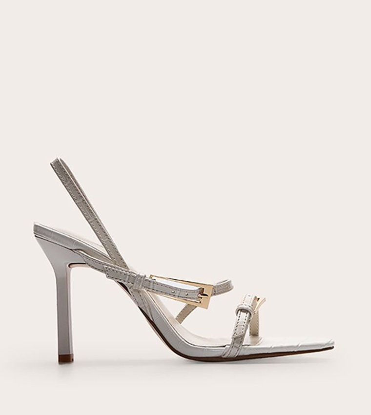 Croc Buckle Asymmetric Strap Round Toe Heeled Sandals