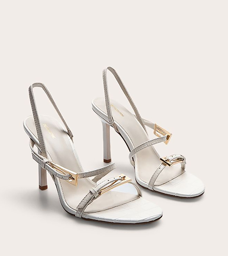Croc Buckle Asymmetric Strap Round Toe Heeled Sandals