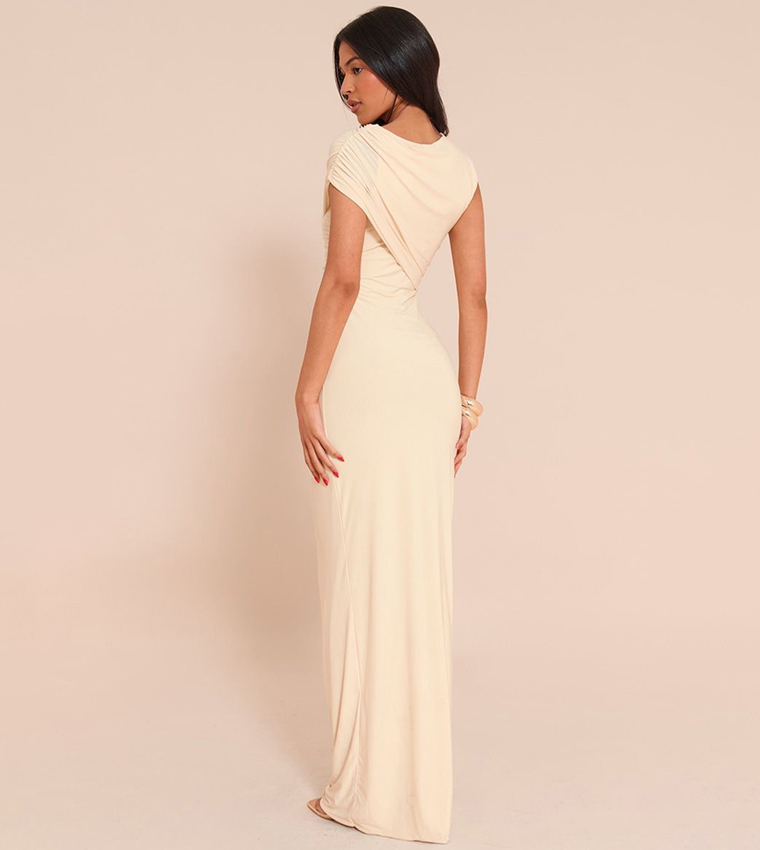 Tall Double Layer Slinky Off Shoulder Drape Maxi Dress