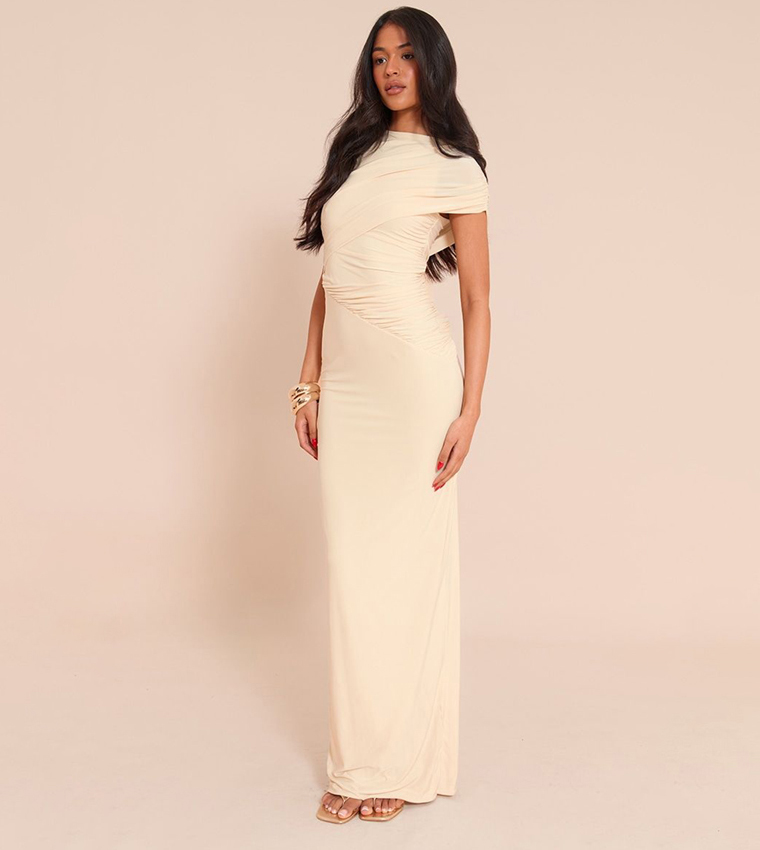 Tall Double Layer Slinky Off Shoulder Drape Maxi Dress