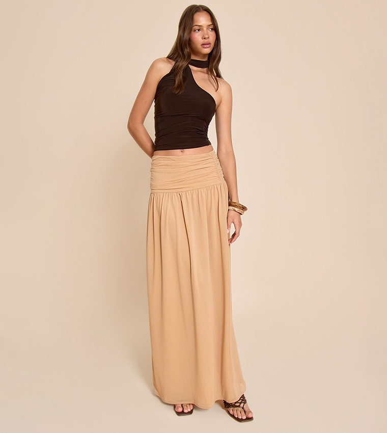 Chiffon Ruched Drop Waist Maxi Skirt
