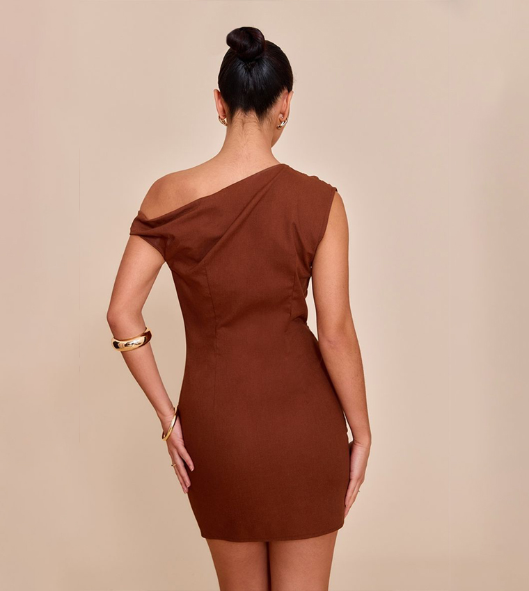 Linen Look Twist Shoulder Shift Dress