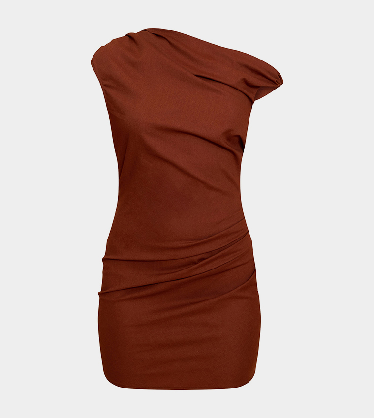 Linen Look Twist Shoulder Shift Dress