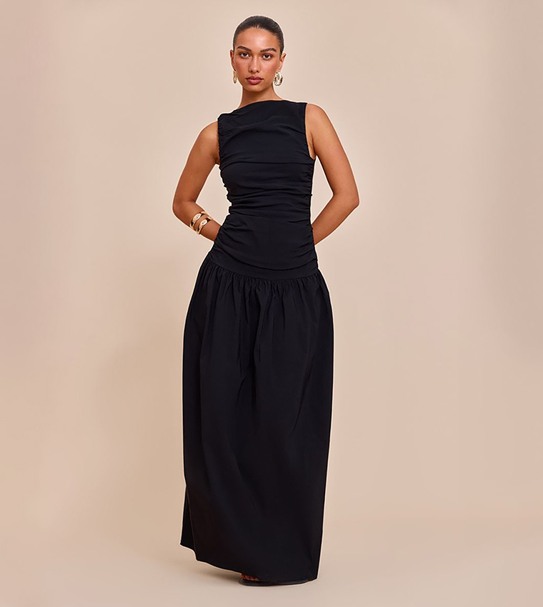 Stretch Ruched Detail Drop Waist Maxi Dress