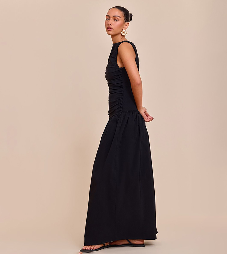 Stretch Ruched Detail Drop Waist Maxi Dress