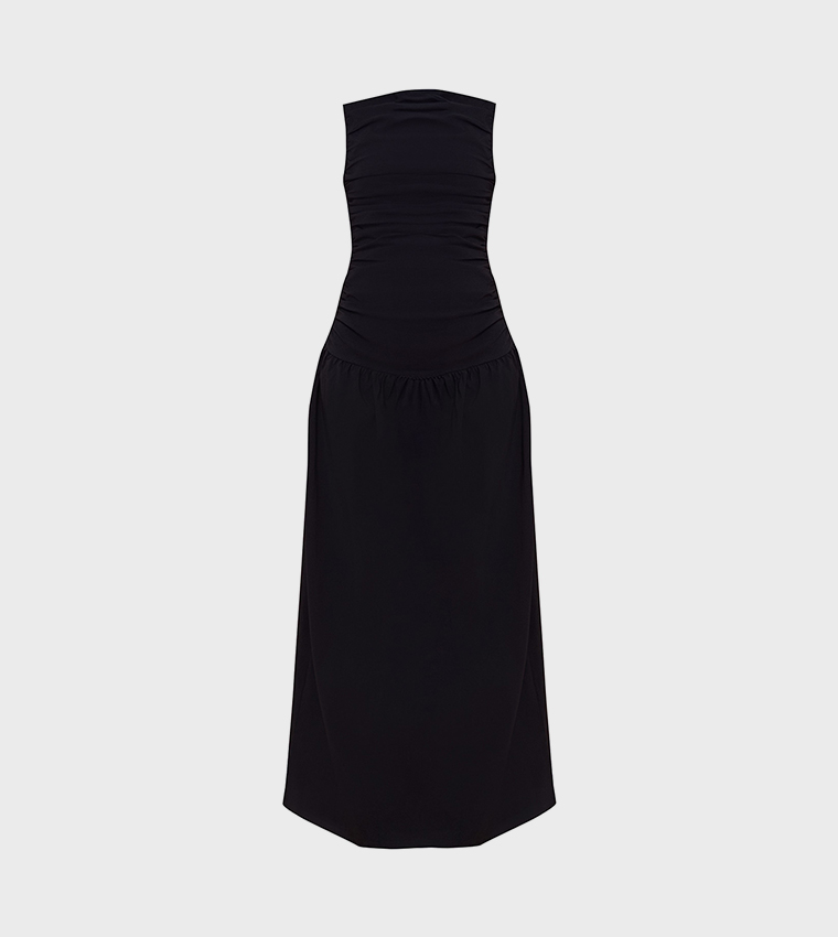 Stretch Ruched Detail Drop Waist Maxi Dress