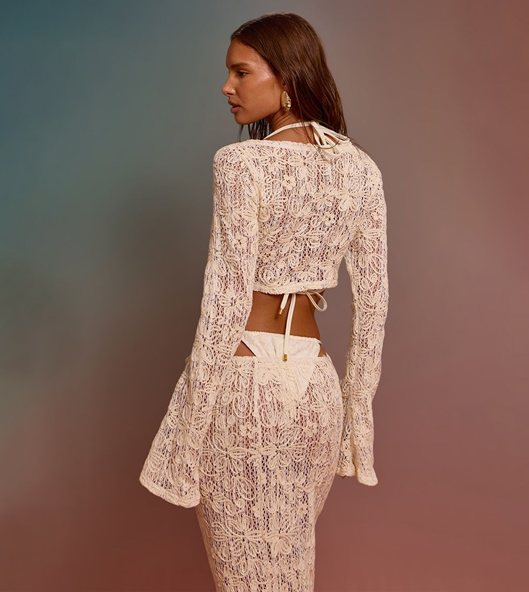 Flower Embroidered Long Sleeves Tie Front Beach Top