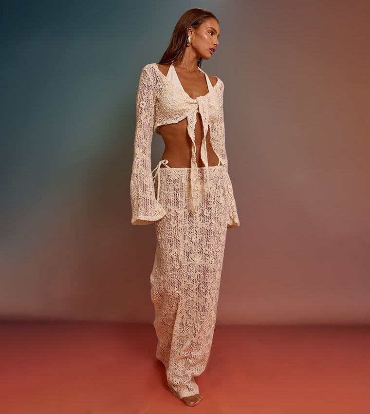 Flower Embroidered Long Sleeves Tie Front Beach Top