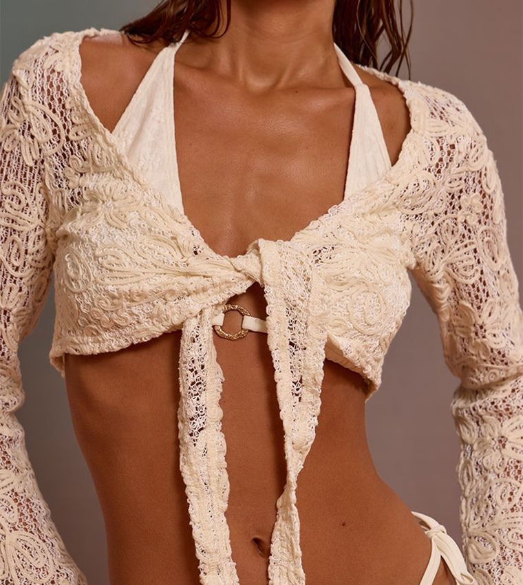 Flower Embroidered Long Sleeves Tie Front Beach Top