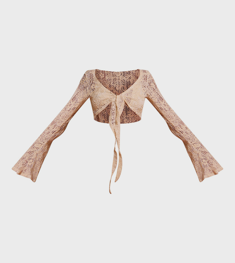 Flower Embroidered Long Sleeves Tie Front Beach Top