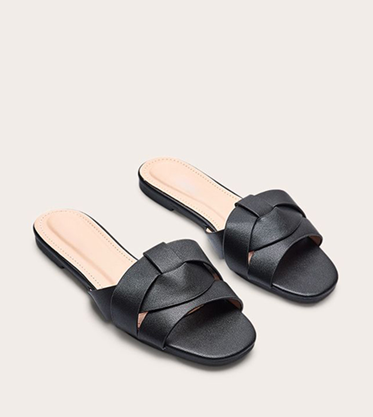 Faux Leather Cross Strap Flat Sandals
