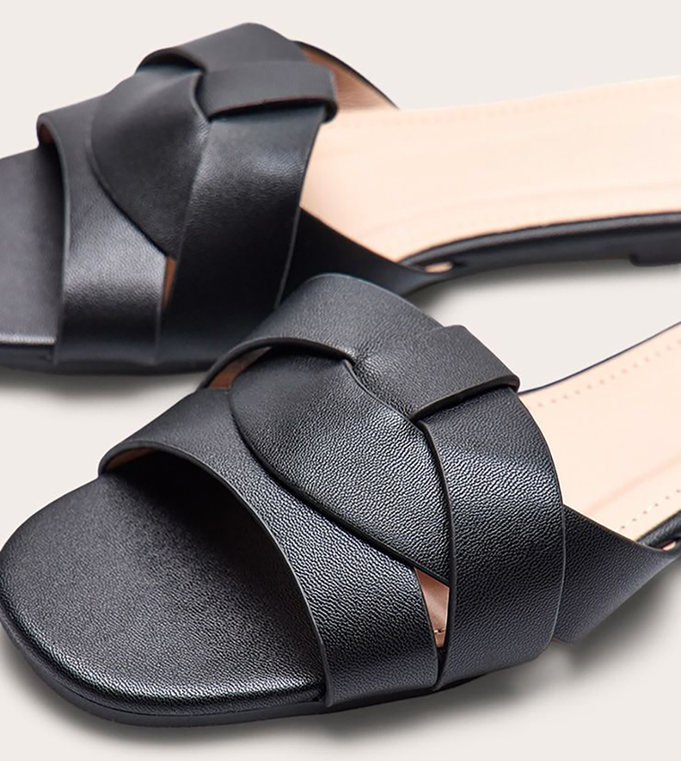 Faux Leather Cross Strap Flat Sandals